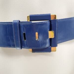 Yves Saint Laurent 4930 Wide Leather Belt Blue Rectangle Brass Buckle Art Deco